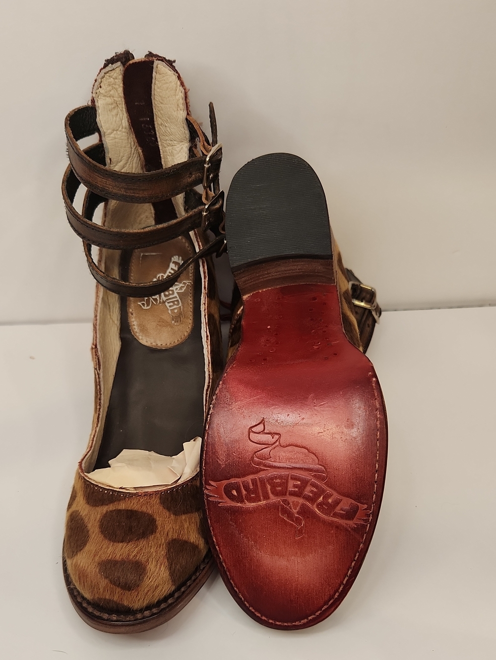 freebird Leopard Calf-Hair Multi-Strap Pump with Red Sole